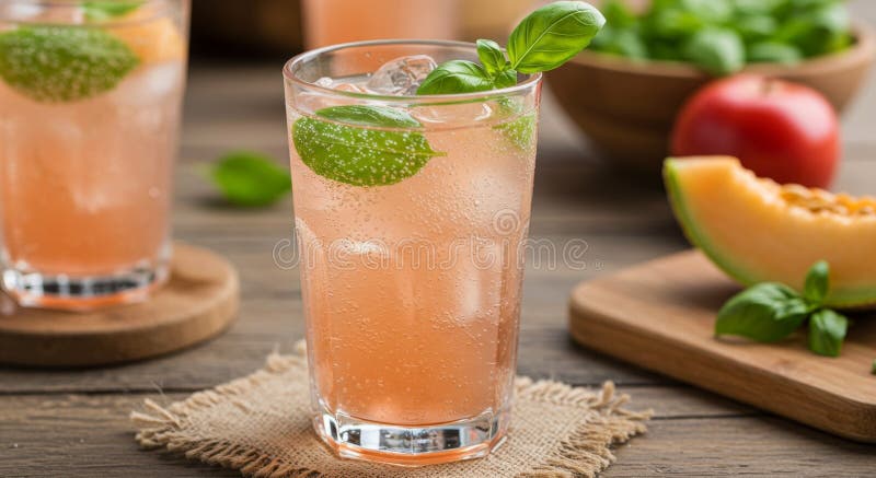 Bevanda Di Bevanda Di Bevanda Di Bevanda Con Cocktail Di Meloni Rosa Basil Summer illustrazione di stock