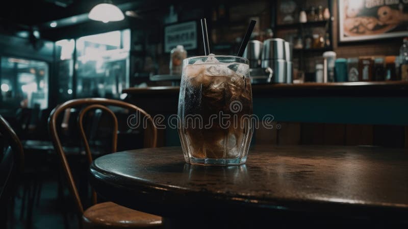 Bevanda fredda in un bicchiere con cannucce su un tavolo da bar rustico in atmosfera lunatica illustrazione vettoriale