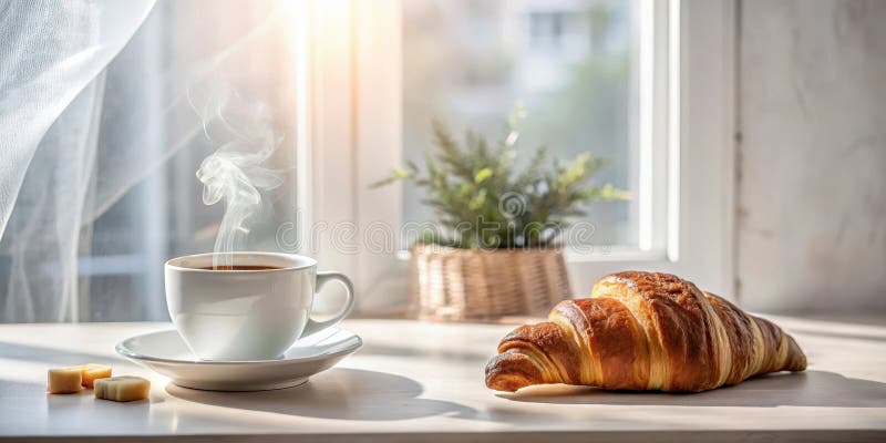 Bevande aromatiche al mattino e pasticceria fresca al forno su un tavolo illuminato al sole vicino a una finestra. Generative AI illustrazione di stock