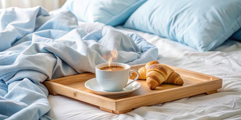 Bevande aromatiche al mattino e pasticcini freschi serviti su un vassoio di legno in un letto. Generative AI royalty illustrazione gratis