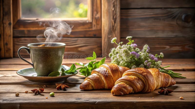Bevande aromatiche al mattino e pasticcini freschi su una superficie di legno rustico vicino a una finestra illuminata dal sole. G illustrazione di stock