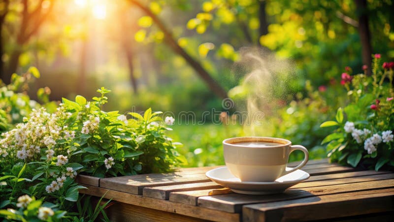 Bevande aromatiche di mattina che brillano dolcemente sulla superficie di legno, in presenza di una flora che si imbatte nel tramo royalty illustrazione gratis
