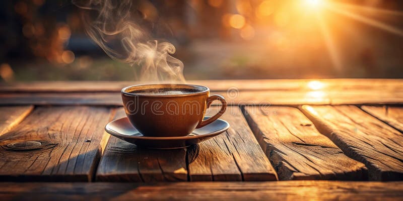 Bevande aromatiche di mattina che brillano dolcemente sulla superficie di legno rustico bagnata alla luce calda del sole. Generati illustrazione vettoriale