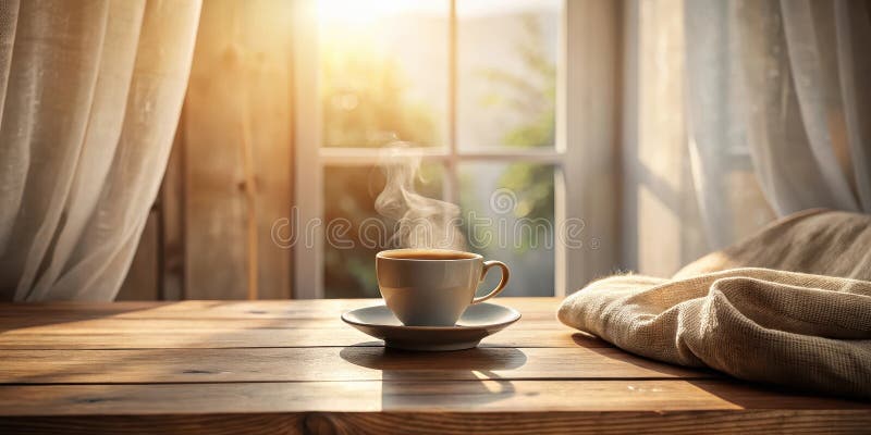 Bevande aromatiche di mattina che brillano dolcemente in un ambiente accogliente bagnato dalla luce del sole filtrante attraverso royalty illustrazione gratis