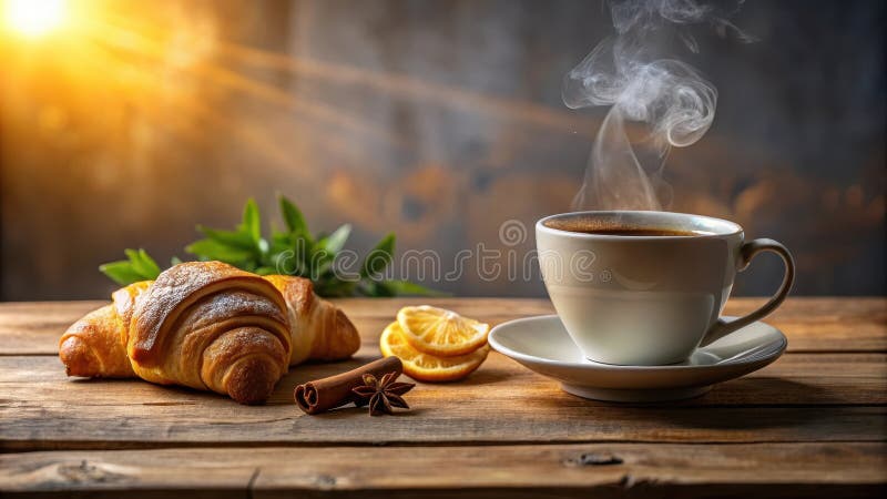 Bevande aromatiche di mattina con pasticcini e fette di agrumi deliziosi su una tavola di legno rustico. Generative AI royalty illustrazione gratis