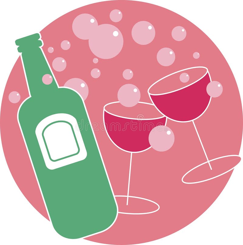 Celebratory drinks design. Cheers! With a champagne bottle and two glasses and lots of pink bubbles. Celebratory drinks design. Cheers! With a champagne bottle and two glasses and lots of pink bubbles