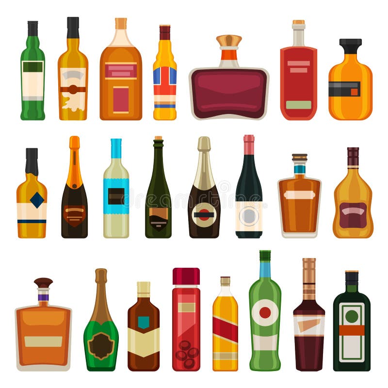 Alcohol drinks in bottles. Flat whiskey, liquor, beer in glass bottle. Cartoon bar cocktail beverages, rum, wine and vodka. Booze vector set. Illustration whiskey and champagne, alcohol drink. Alcohol drinks in bottles. Flat whiskey, liquor, beer in glass bottle. Cartoon bar cocktail beverages, rum, wine and vodka. Booze vector set. Illustration whiskey and champagne, alcohol drink