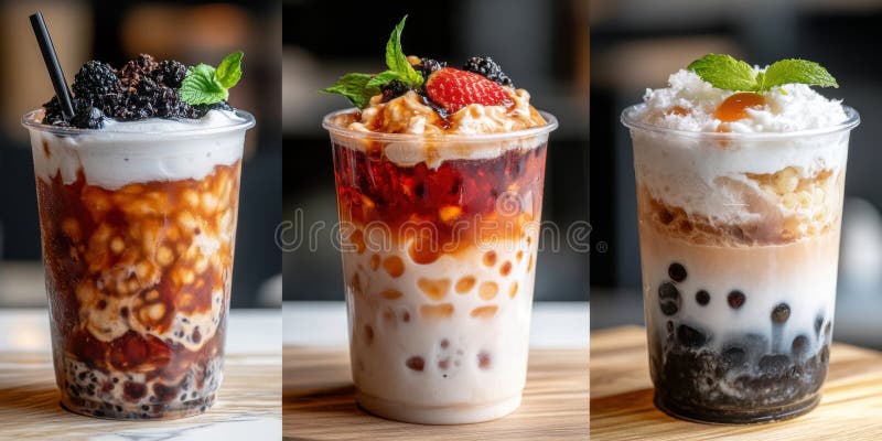 Bevande di tè al latte assortite con tapioca perle e vernici di frutta fresca illustrazione vettoriale