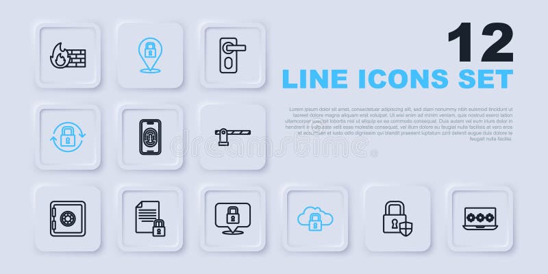 Set line Shield security with lock Laptop password Mobile fingerprint scanner Cloud computing Lock Document and and icon. Vector. Set line Shield security with lock Laptop password Mobile fingerprint scanner Cloud computing Lock Document and and icon. Vector.