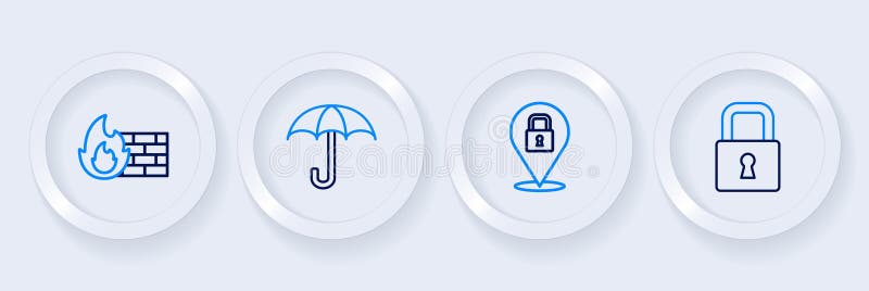 Set line Lock Umbrella and Firewall security wall icon. Vector. Set line Lock Umbrella and Firewall security wall icon. Vector.
