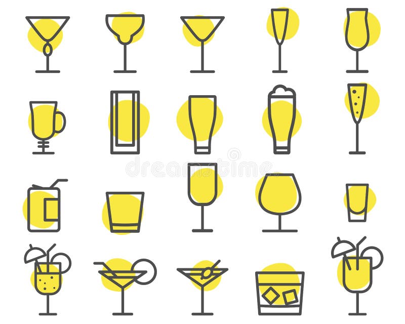 Beverage icons set. Cocktail, drinks vector outline symbols. Beer, wine, cognac emblems. Alcohol line cocktails