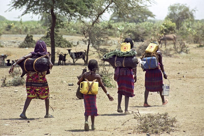 Ethiopia, Afar region: In Afar, an ethnic group of semi-nomadic cattle farmers in the vicinity of Awasch is talk of an impending famine by drought, climate change and massive death of their livestock. The scarcity of water, drinking water, is huge and women have to walk for hours to come to a water source. These women and a girl walking with their just brought water through the scorching heat and dust of the Danakil desert and its way home. They carry water in animal skins and yellow jugs of the Red Cross, they have received in the food supply. Due to global warming and El Nino, the area is plagued by persistent droughts. In the background, look for goats and a donkey the shadow that provide a few trees to escape the heat. Ethiopia, Afar region: In Afar, an ethnic group of semi-nomadic cattle farmers in the vicinity of Awasch is talk of an impending famine by drought, climate change and massive death of their livestock. The scarcity of water, drinking water, is huge and women have to walk for hours to come to a water source. These women and a girl walking with their just brought water through the scorching heat and dust of the Danakil desert and its way home. They carry water in animal skins and yellow jugs of the Red Cross, they have received in the food supply. Due to global warming and El Nino, the area is plagued by persistent droughts. In the background, look for goats and a donkey the shadow that provide a few trees to escape the heat.