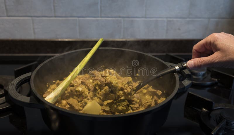 Beweeg in de pan met rendang stock fotografie Beweeg in de pan met rendang stock fotografie