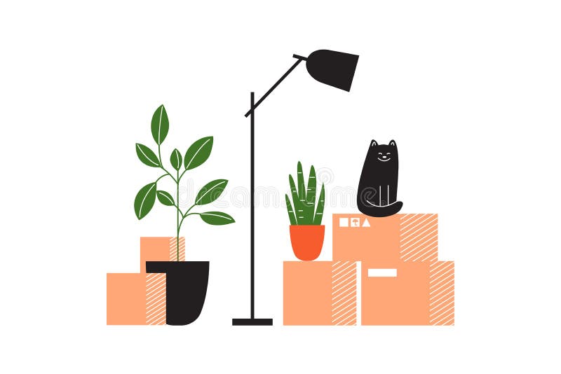 Bewegen in Konzept des neuen Hohen Hauses mit Kartonkästen mit Materiallampenhouseplants und -katze stock abbildung