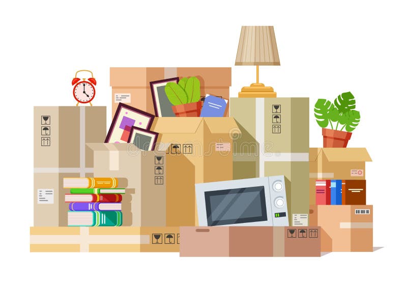 Bewegende Fälle Verpackendes Familienmaterial des Kartonkastens Pappe teilt Produktionsverlagerung Frachtpaket zum neuen Parlamen lizenzfreie abbildung