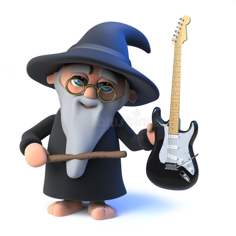 bewegt lustiger Zauberermagier der Karikatur 3d seinen magischen Stab an einer E-Gitarre wellenartig vektor abbildung bewegt lustiger Zauberermagier der Karikatur 3d seinen magischen Stab an einer E-Gitarre wellenartig vektor abbildung