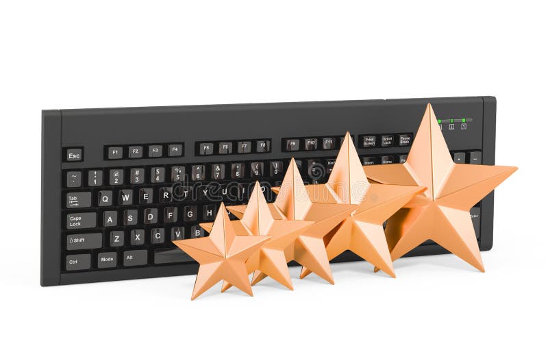 Bewertung des Computertastaturkonzepts. drahtlose Computertastatur mit fünf goldenen Sternen 3D-Darstellung lizenzfreie abbildung