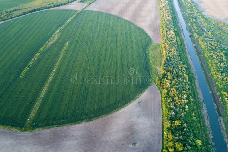 Bewässerungssystem auf dem Weizengebiet stockfoto Bewässerungssystem auf dem Weizengebiet stockfoto