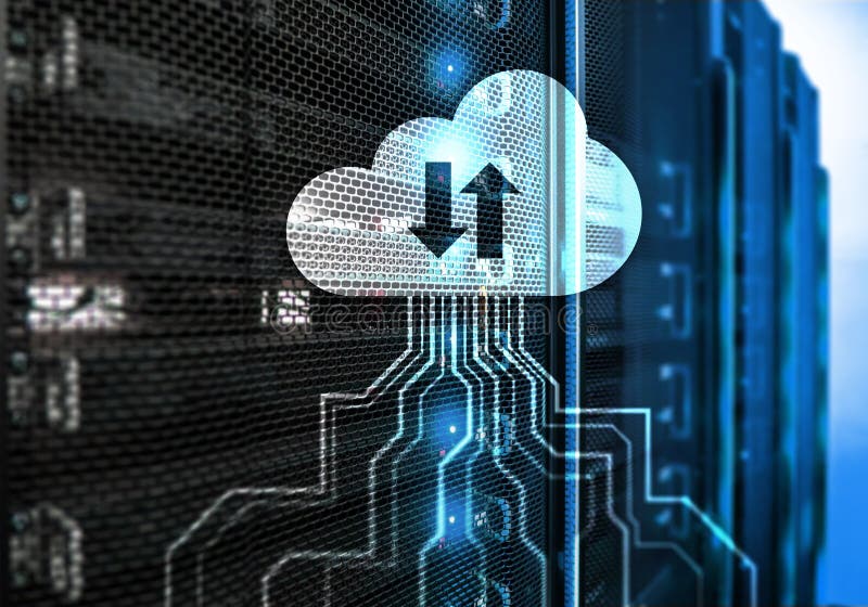 Bewölken Sie Server und Datenverarbeitung, Datenspeicherung und Verarbeitung Internet und Technologiekonzept stockbild