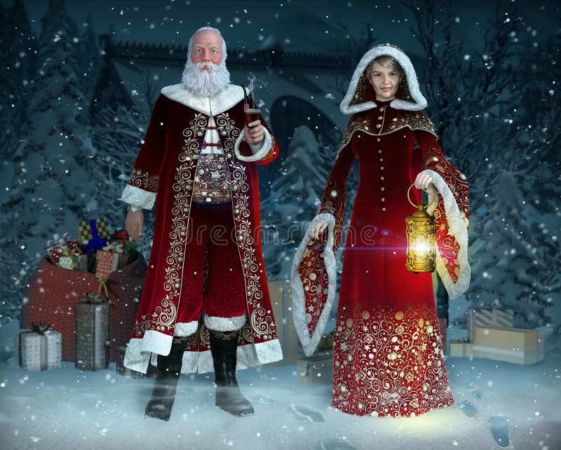 Enchanting Mr and Mrs Santa Claus at Christmas Night in their traditional costumes preparing gifts for the children of the world, 3d render. Enchanting Mr and Mrs Santa Claus at Christmas Night in their traditional costumes preparing gifts for the children of the world, 3d render