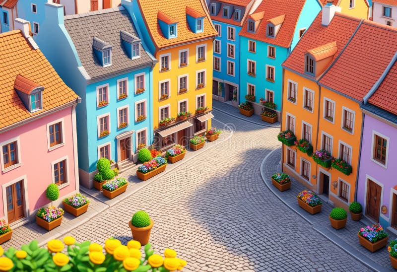 Bezaubernde bunte Häuser in einem europäischen Dorf mit gemütlicher Atmosphäre. ai generiert