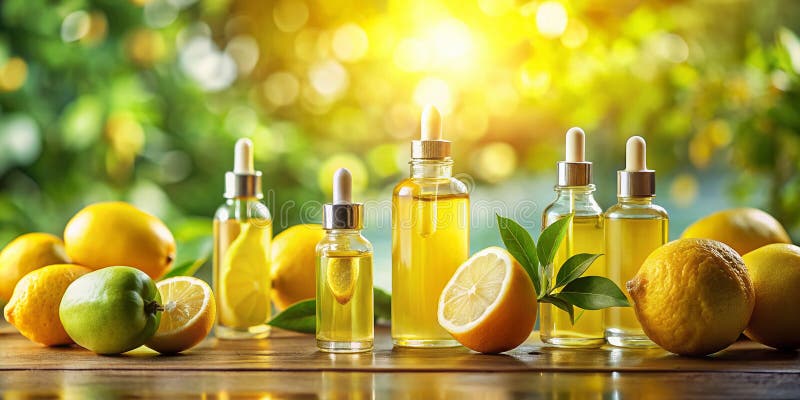Bezaubernde Miniatur Lemon Essential Oil Flaschen A TiltShift Perspektive auf Dropper Flaschen für Citrus Aromatherapy vektor abbildung