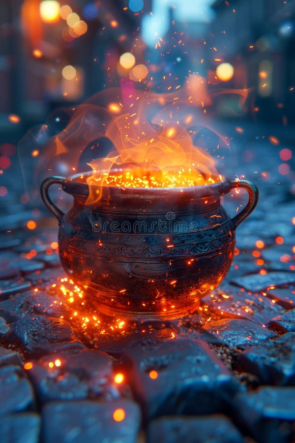 Enchanting Nighttime Scene with a Magical Cauldron Illuminated by Fiery Sparks on Cobblestones AI Generative. Enchanting Nighttime Scene with a Magical Cauldron Illuminated by Fiery Sparks on Cobblestones AI Generative