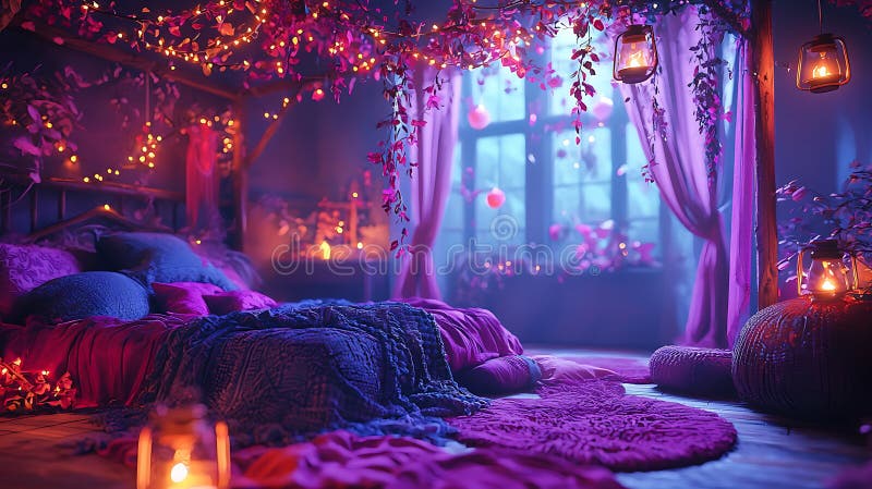 Bezauberndes böhmisches Schlafzimmer mit bemalten Leuchten und Lampen stock abbildung