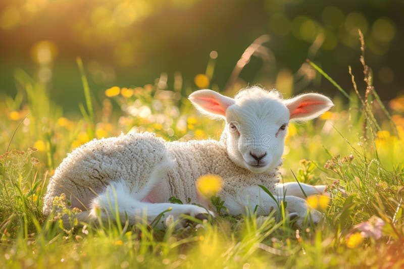 Bezauberndes Lamm in sonniger Wiese umgeben von wilden ai stockbilder