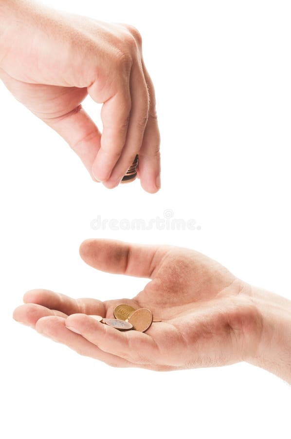 Dirty homeless beggar hand receiving coins. Begging concept on white background. Dirty homeless beggar hand receiving coins. Begging concept on white background