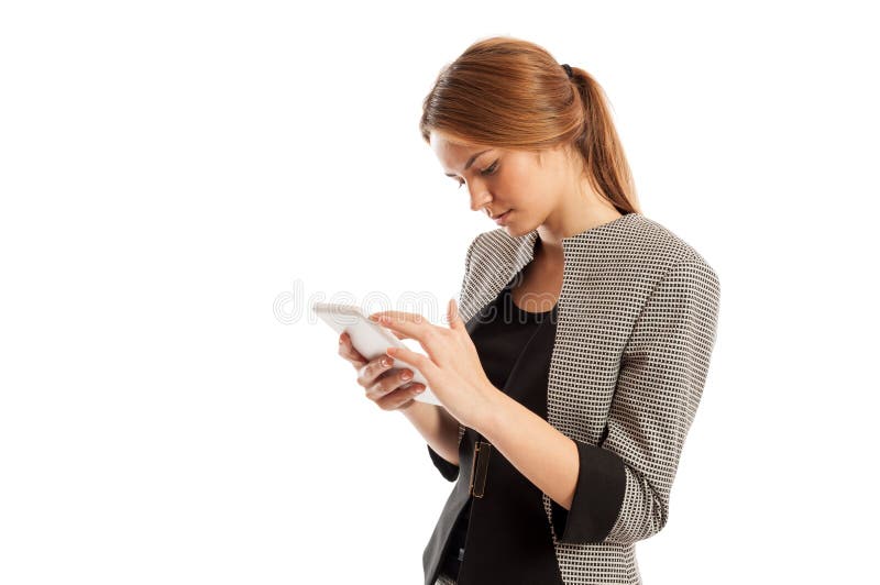 Bezige vrouwelijke uitvoerende manager die aan tablet werken royalty-vrije stock foto Bezige vrouwelijke uitvoerende manager die aan tablet werken royalty-vrije stock foto