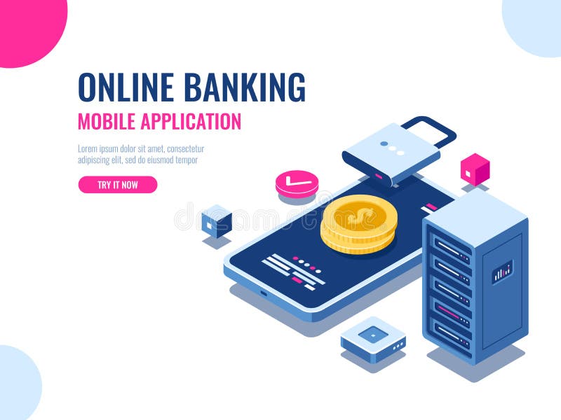 Bezpieczeństwo pieniądze na internecie, ochraniająca transakcji zapłata, mobilny podaniowy online bank, blockchain technologia ilustracji