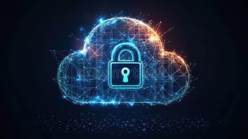 Bezpieczeństwo przetwarzania w chmurze. chmura z ikoną kłódki na ciemnym tle. koncepcja bezpieczeństwa sieci cyberbezpieczeństwa o ilustracja wektor