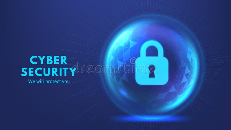 Bezpieczna blokada. sfera cyberbezpieczeństwa z świecącą ikoną blokady cyfrowego pola ochrony danych i obrony sieci ilustracja wektor