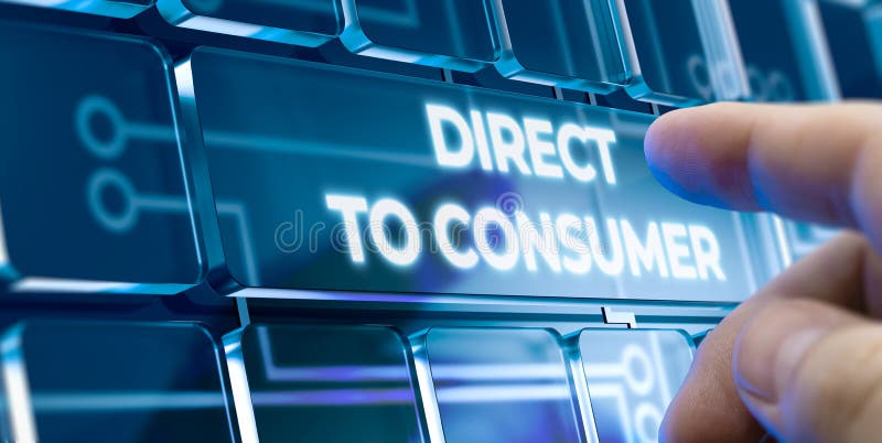 Bezpośredni dla konsumentów — przycisk człowiek naciskający na interfejs futurystyczny