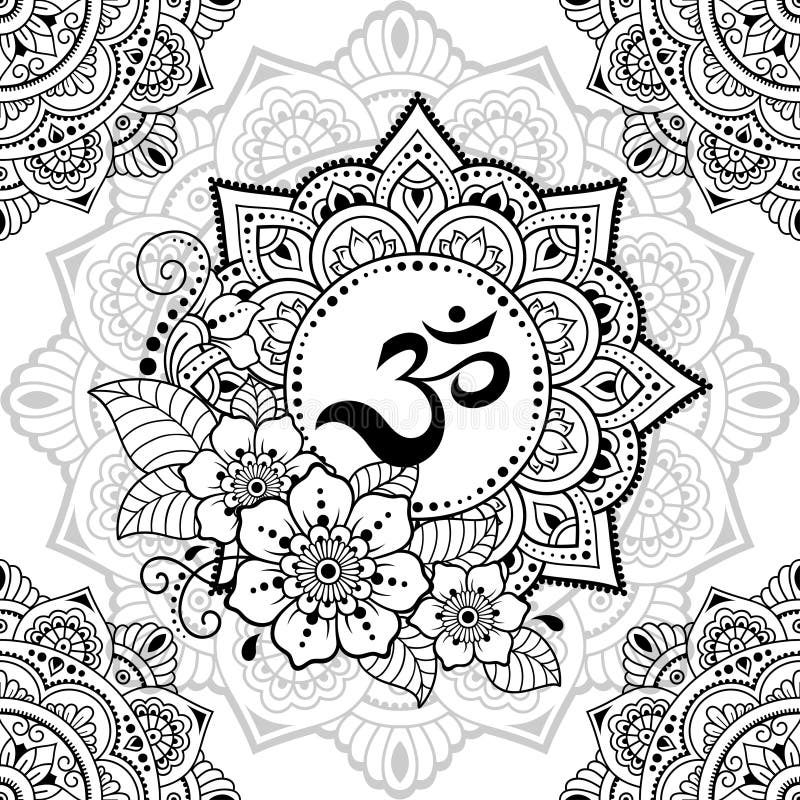 Bezproblemowa ozdobna w etnicznym stylu orientalnym. okrągły wzór w postaci mandali z symbolem hindu mantra om royalty ilustracja