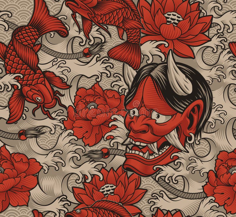 Seamless background in Japanese style with koi fish, Oni demon, and Japanese waves, this design can be used as a print for fabrics, phone cases, and many other creative products in the Japanese style. Seamless background in Japanese style with koi fish, Oni demon, and Japanese waves, this design can be used as a print for fabrics, phone cases, and many other creative products in the Japanese style