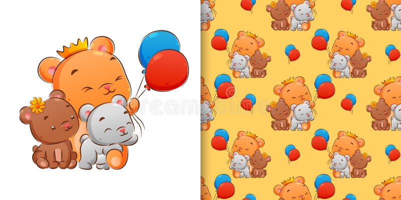 Bezproblemowy rysunek trzech niedźwiedzi o różnych kolorach grających balony royalty ilustracja