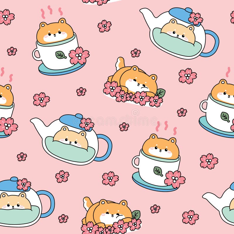 Bezproblemowy wzór słodkiej herbaty shiba inu pies popołudniowy herbata tłoFiliżanka zielonej herbaty matcha royalty ilustracja