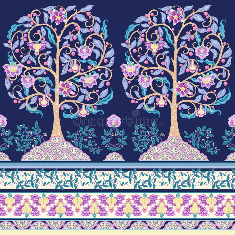 Seamless pattern with stylized ornamental flowers in retro, vintage style. Jacobean embroidery. Colored vector illustration In pink, blue, ultraviolet colors. On navy blue background. Seamless pattern with stylized ornamental flowers in retro, vintage style. Jacobean embroidery. Colored vector illustration In pink, blue, ultraviolet colors. On navy blue background.