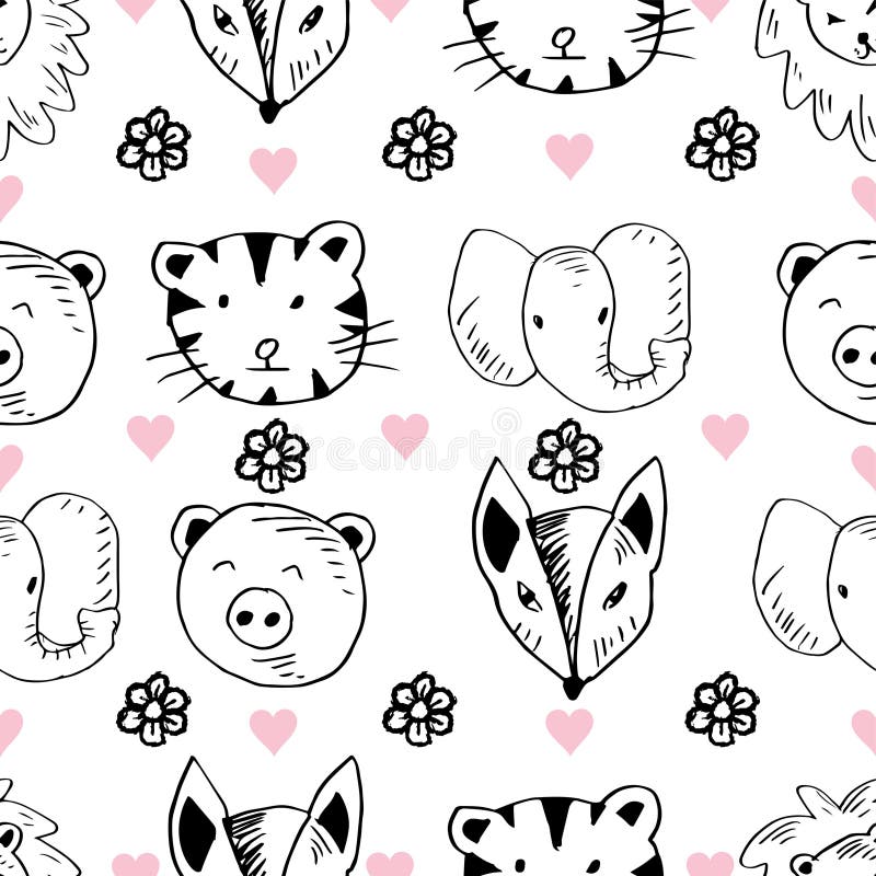 Bezproblemowy wzór ze słodkimi zwierzętami i sercami z karykatury. royalty ilustracja