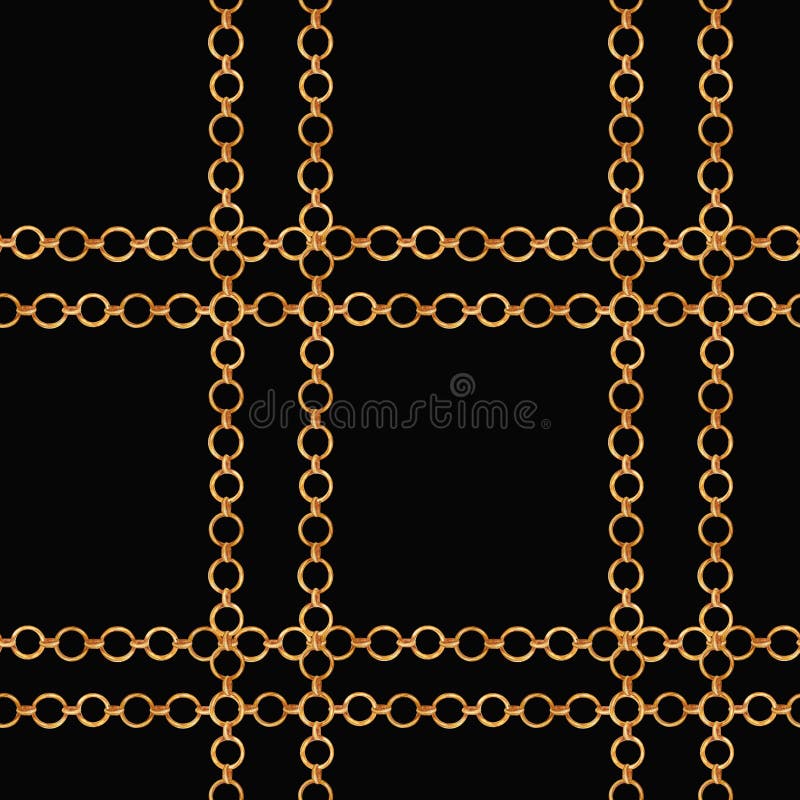 Seamless pattern of gold chains, women`s jewelry, golden chain watercolor drawing on a black background. Fabric texture into the cage. Seamless pattern of gold chains, women`s jewelry, golden chain watercolor drawing on a black background. Fabric texture into the cage.