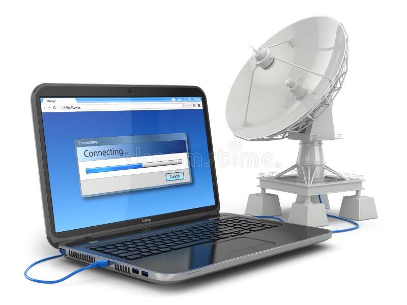 Bezprzewodowy interneta pojęcie. Laptop i antena satelitarna. ilustracji.