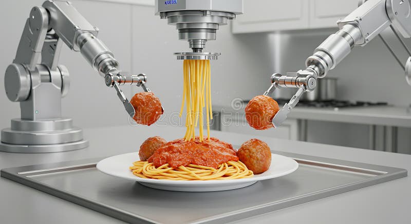 Bezrobotyczne ramiona w kuchni przygotowują płytę spaghetti z sosem pomidorowym ilustracja wektor