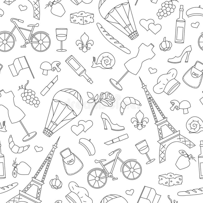 Bezszwowa ilustracja na temacie podróż w kraju Francja, proste konturowe ikony, ciemny kontur na lekkim tle ilustracja wektor Bezszwowa ilustracja na temacie podróż w kraju Francja, proste konturowe ikony, ciemny kontur na lekkim tle ilustracja wektor
