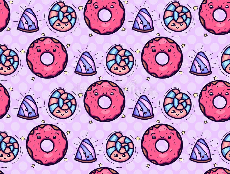 Bezszwowa tekstura z pączkiem i cukierkiem na różowym polki tle ślicznego, kawai, kolorowych deseniowych planowanymi różnych możl ilustracja wektor Bezszwowa tekstura z pączkiem i cukierkiem na różowym polki tle ślicznego, kawai, kolorowych deseniowych planowanymi różnych możl ilustracja wektor