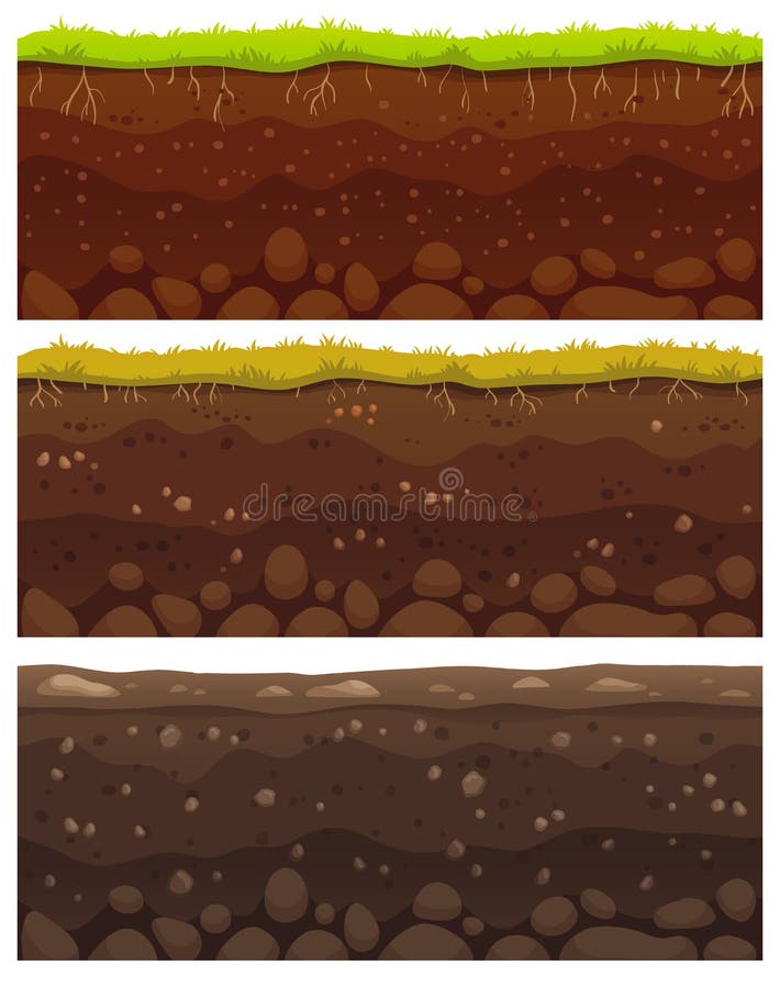 Seamless soil layers. Layered dirt clay, ground layer with stones and grass on dirts cliff texture, underground buried rock, archeology landscape cartoon vector pattern isolated set. Seamless soil layers. Layered dirt clay, ground layer with stones and grass on dirts cliff texture, underground buried rock, archeology landscape cartoon vector pattern isolated set
