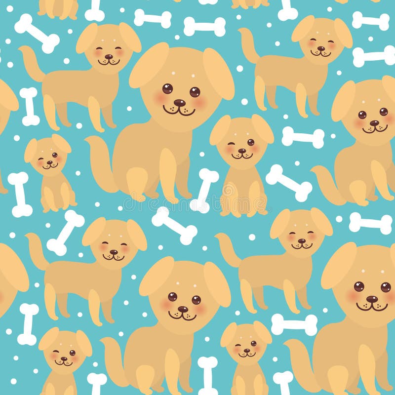 Seamless pattern funny golden beige dog and white bones, Kawaii face with large eyes and pink cheeks, boy and girl on blue background. Vector illustration. Seamless pattern funny golden beige dog and white bones, Kawaii face with large eyes and pink cheeks, boy and girl on blue background. Vector illustration