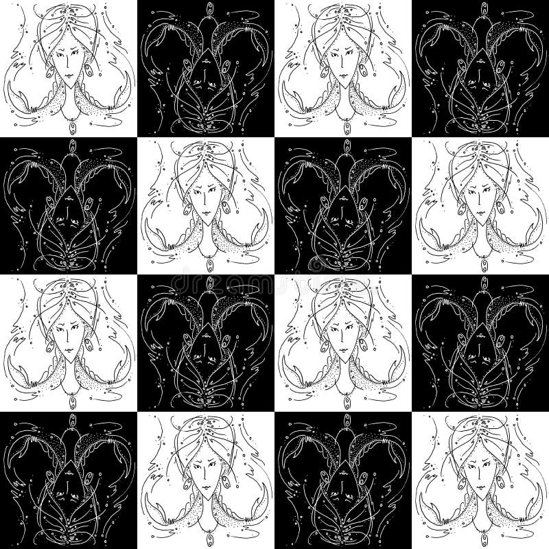 Bezszwowego tekstura zodiaka znaka nowotworu czarny i biały rysunkowa dziewczyna z warkoczami w postaci pazura nowotworu fotografia royalty free Bezszwowego tekstura zodiaka znaka nowotworu czarny i biały rysunkowa dziewczyna z warkoczami w postaci pazura nowotworu fotografia royalty free