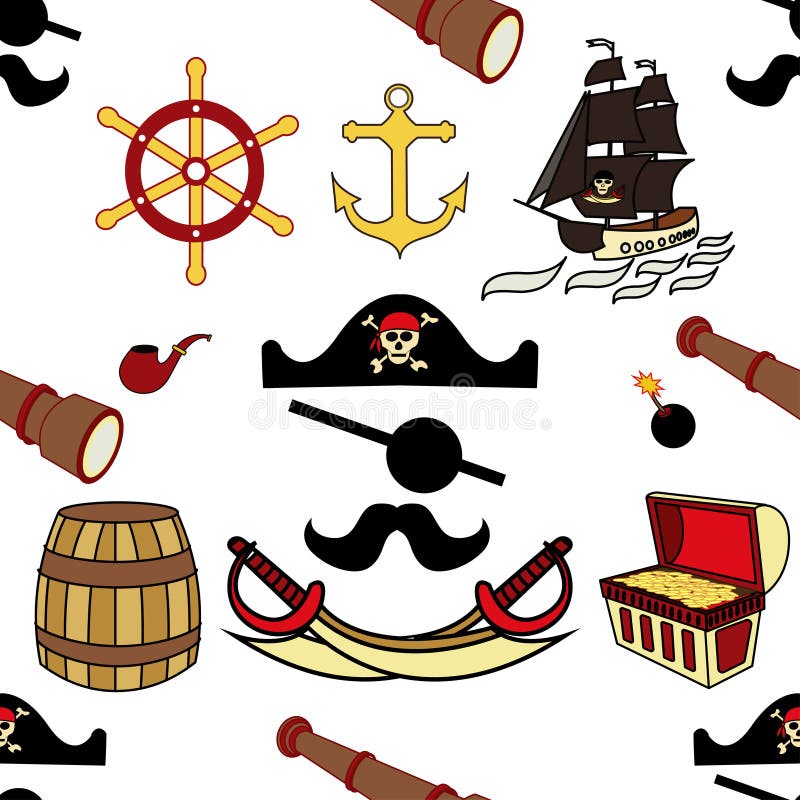 Bezszwowi piratów kordziki, kotwica, kierownica, mina lądowa, teleskop, statek z czerń żaglami, kapelusz, czaszka i kości, baryłk ilustracji Bezszwowi piratów kordziki, kotwica, kierownica, mina lądowa, teleskop, statek z czerń żaglami, kapelusz, czaszka i kości, baryłk ilustracji